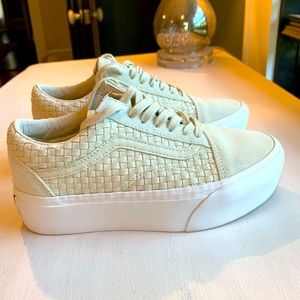 Vans stackform in cream woven suede.
